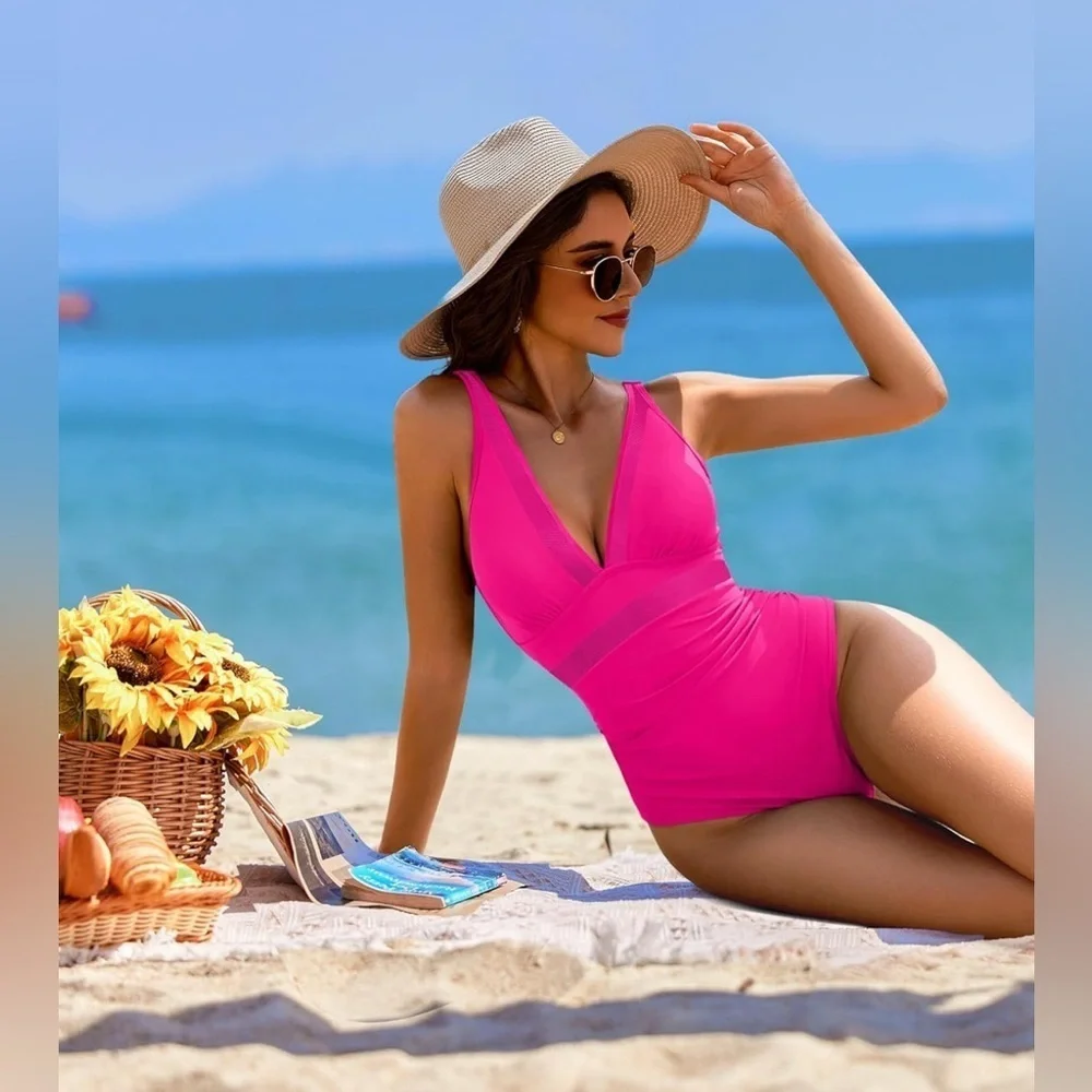 Elegant, classic pink deep V adjustable straps, tummy control,